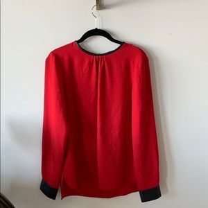 Zara Red blouse with leather trim neck and sleeves
